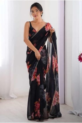 Hand Work Weaving Saree in Black Georgette SR28381