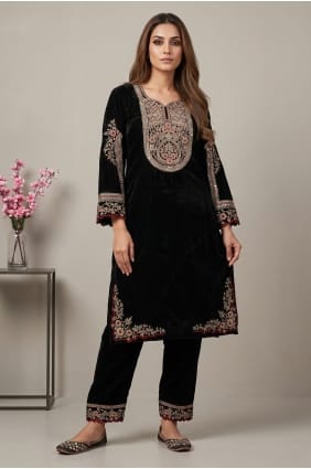 Velvet Embroidered Black Indo Western Kurti with Dupatta SK159176
