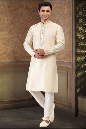 Embroidered Jacquard Cream Men Kurta with Dupatta KURR614