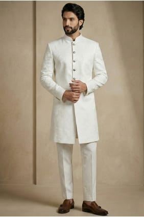 Men Kurta in White Jacquard KURR270