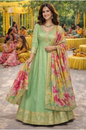 Anarkali Suit in Pista Jacquard with Digital print AS4196