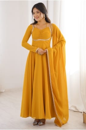 Gown Dress in Yellow Faux georgette with Lace GW1244