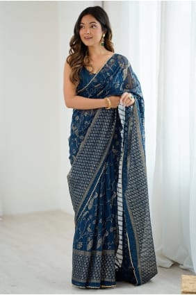 Saree in Teal Georgette with Lace SR30009
