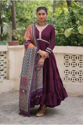 Gown Dress in Maroon Silk with Lace GW1188