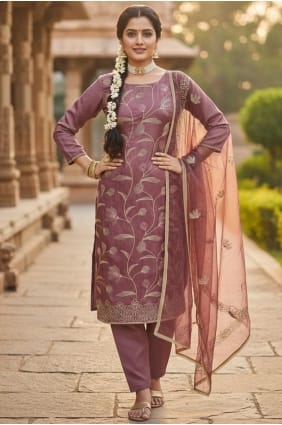 Lavender Salwar Kameez in Embroidered Cotton SK15699