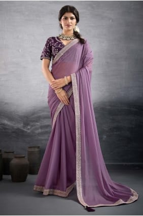 Embroidered Georgette Lavender Saree with Blouse SR29216