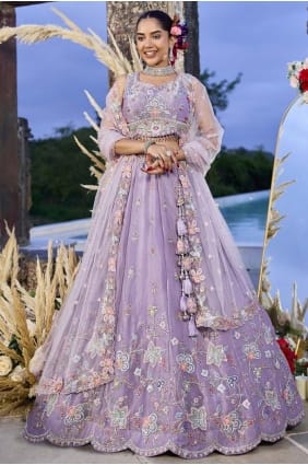 Lavender Embroidered Satin Lehenga Choli LC8745