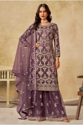 Embroidered Net Lavender Palazzo Suit with Dupatta PZ4224
