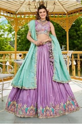 Lavender Satin Embroidered Lehenga Choli with Dupatta LC8486