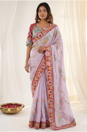 Lavender Embroidered Party Wear Saree in Silk SR30111