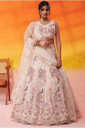 Cream Lehenga Choli in Tissue with Embroidered LC8850