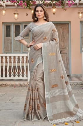 Linen Embroidered Light beige Saree with Blouse SR29943