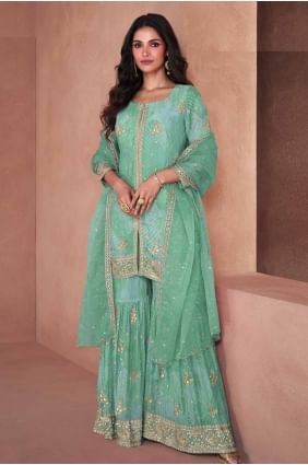 Light green Eid Palazzo Suit in Embroidered Georgette PZ4095