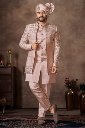 Light pink Embroidered Silk Men Kurta KURR252