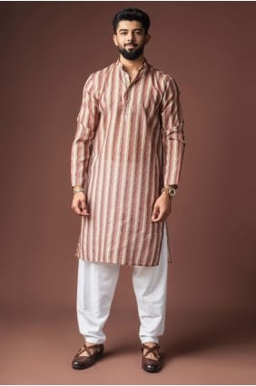 Cream Men Kurta in Linen with Digital print KURR592