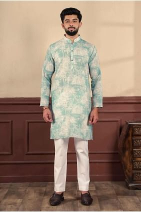 Linen Digital print Aqua green Men Kurta KURR486