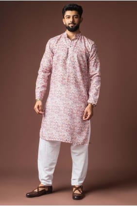 Digital print Linen Men Kurta in Pink with Dupatta KURR588