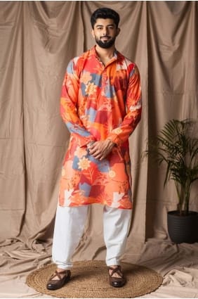 Digital print Men Kurta in Orange Linen KURR598
