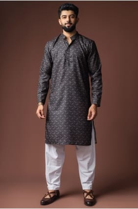 Black Digital print Linen Men Kurta KURR576