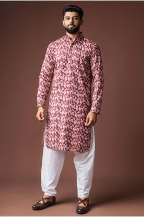 Dusty rose Men Kurta in Linen with Digital print KURR589