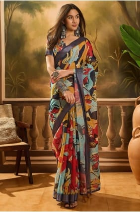 Printed Saree in Multicolor Linen SR29326