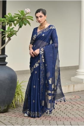 Navy blue Saree in Linen with Zari SR29603