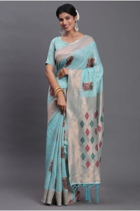 Weaving Linen Saree in Light green with Blouse SR29040