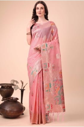Linen Saree with Weaving in Pink SR28456