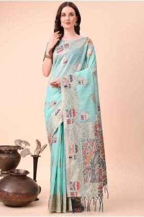 Linen Weaving Sky blue Saree with Blouse SR28458