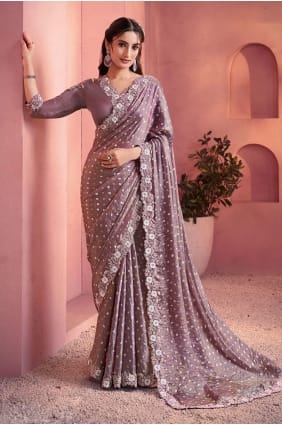 Lovender Embroidered,printed Saree in Satin SR29062
