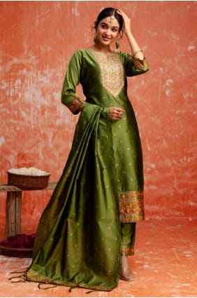 Mahendi Silk Embroidered Straight Suit with Dupatta SK155640