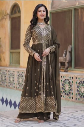 Mahendi Straight Pant Suit in Faux georgette with Embroidered SK155191