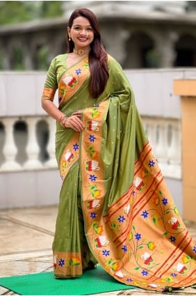 Weaving Silk Saree in Mahendi SR29140