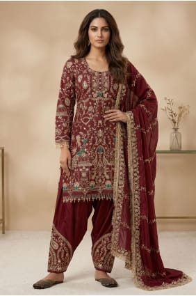 Maroon Embroidered Crepe Salwar Kameez SK159163
