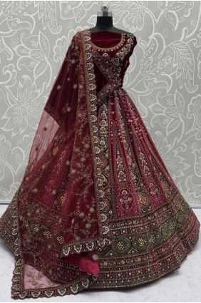 Maroon Embroidered Velvet Bridal Lehenga Choli Ensemble LC8662