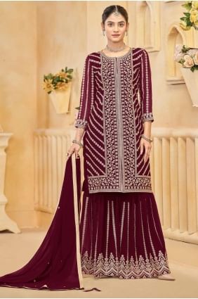 Maroon Embroidered Palazzo Suit in Faux georgette PZ4136