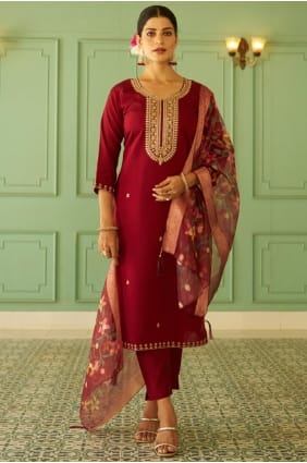 Silk Maroon Salwar Kameez in Embroidered SK156081