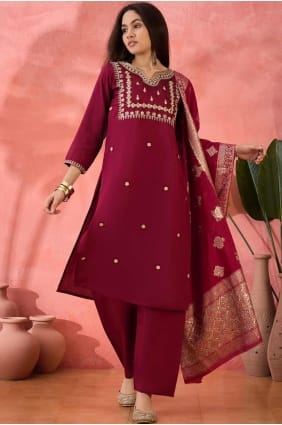 Maroon Embroidered Silk Straight Pant Suit SK155471