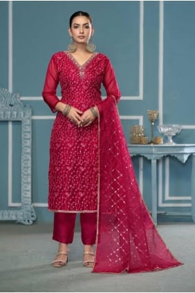 Maroon Embroidered Straight Pant Suit in Organza SK155336