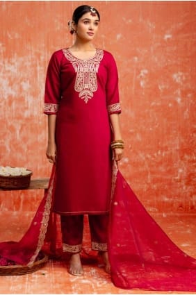 Maroon Embroidered Straight Suit in Viscose SK155638