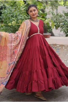 Gown Dress in Maroon Silk with Lace GW1188