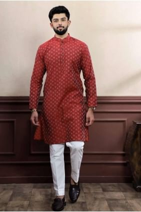 Maroon Men Kurta with Weaving Cotton KURR502