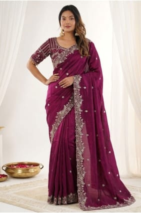Embroidered Party Wear Saree in Maroon Satin SR30108