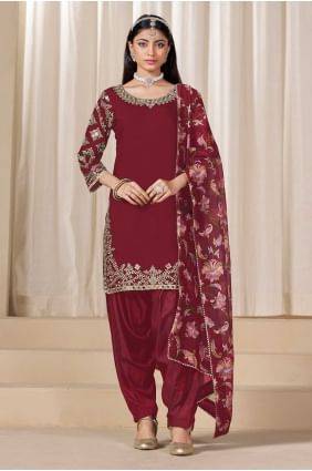 Silk Patiala Suit in Maroon with Printed PS2434