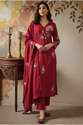 Chanderi silk Embroidered Maroon Eid Salwar Kameez with Dupatta SK156023