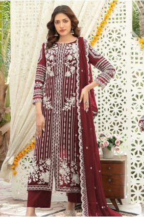 Maroon Salwar Kameez in Embroidered Chiffon SK159131