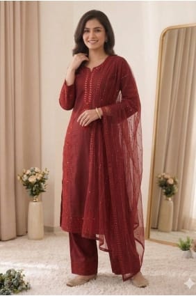 Maroon Chanderi Mirror Salwar Kameez with Dupatta SK159134