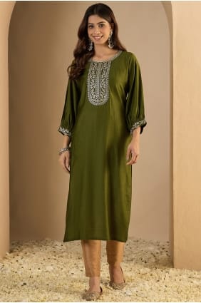 Embroidered Kurti in Mehendi green Silk KTI2722