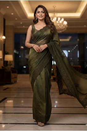 Mehendi Green Embroidered Satin Saree with Blouse SR29911