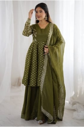 Mehendi green Silk Sequins Palazzo Suit with Dupatta PZ4352